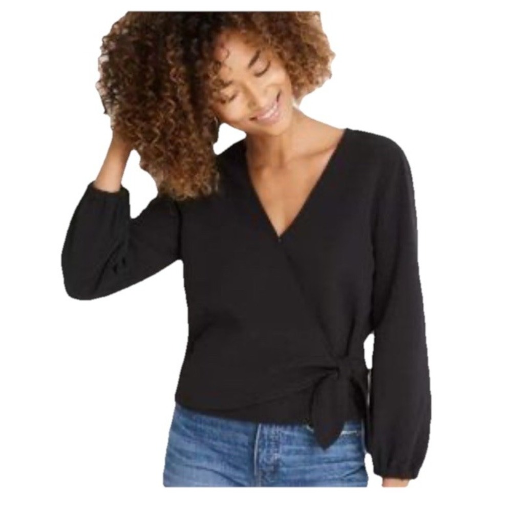 Madewell Black Wrap Tie Top Women L Smocked Sleeve Gingham Check Preppy Feminine